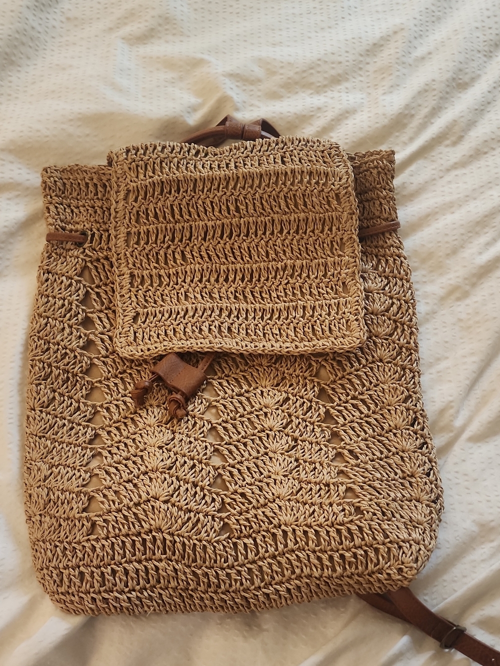 Handwoven Straw Backpack - Natural Beige